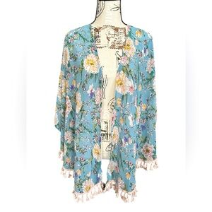 Wild Flower light blue summer shawl with pink tassel fringe OS by g